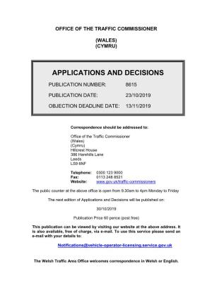 Applications and Decisions for Wales