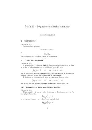Math 1B – Sequences and Series Summary