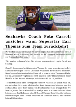 Seahawks Coach Pete Carroll Unsicher Wann Superstar Earl Thomas Zum Team Zurückkehrt