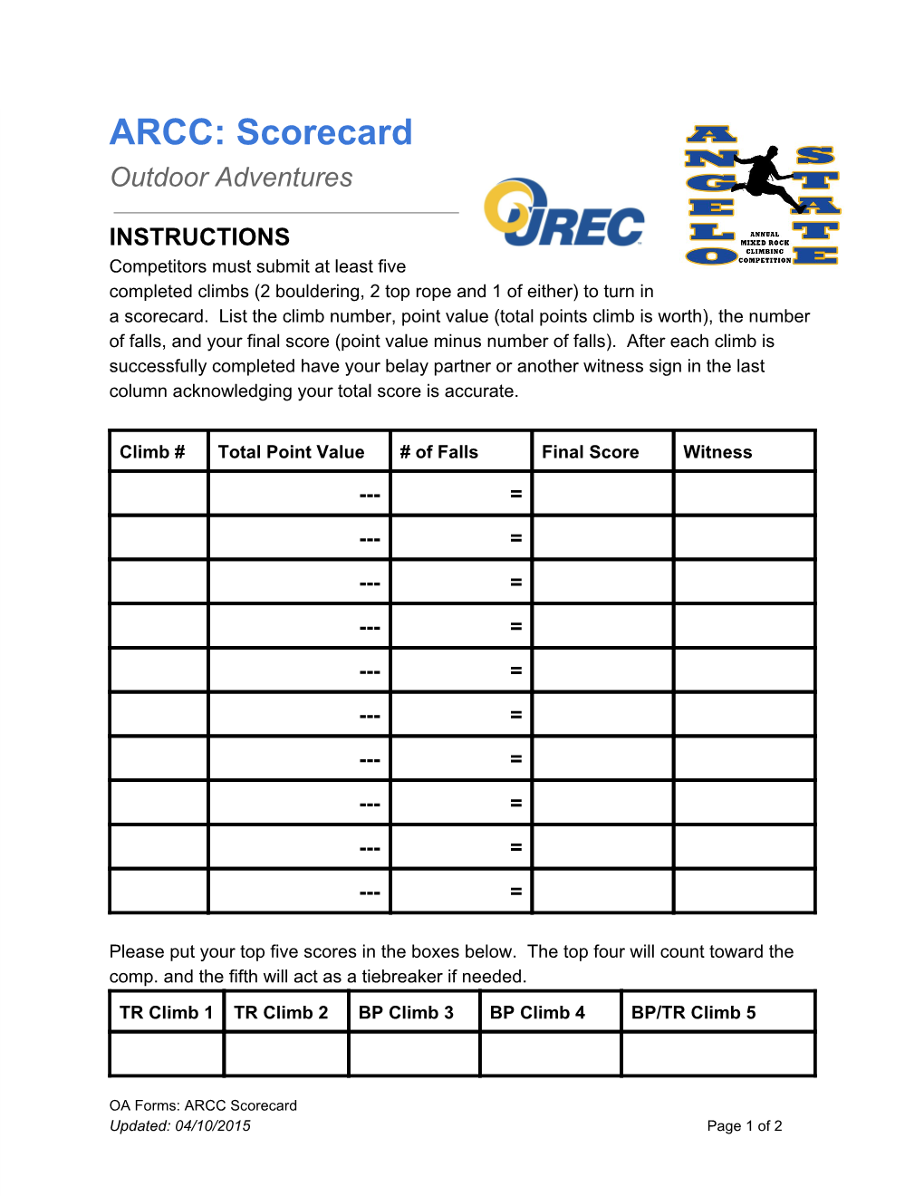 ARCC: Scorecard Outdoor Adventures