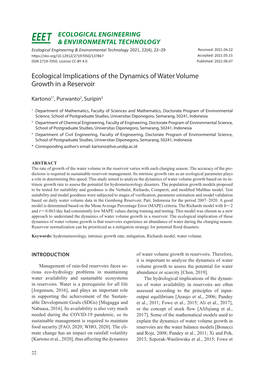 Ecological Implications of the Dynamics of Water Volume Growth in a Reservoir