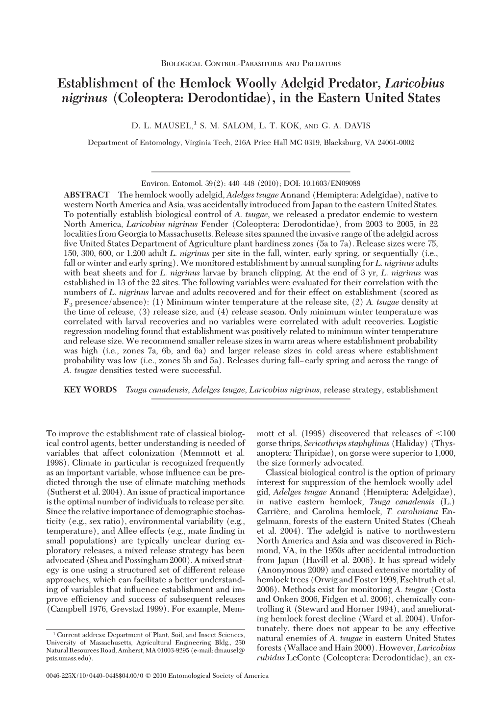 Establishment of the Hemlock Woolly Adelgid Predator, Laricobius Nigrinus (Coleoptera: Derodontidae), in the Eastern United States