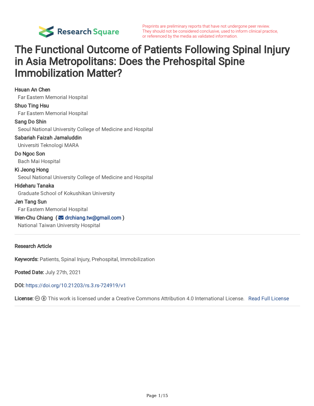 The Functional Outcome of Patients Following Spinal Injury in Asia Metropolitans: Does the Prehospital Spine Immobilization Matter?