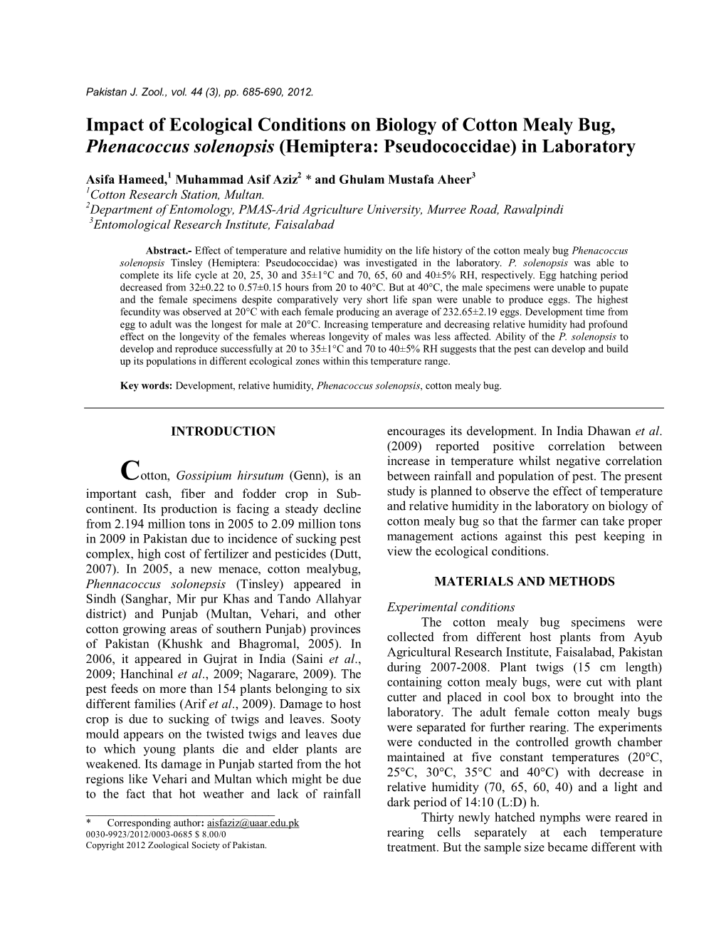 Impact of Ecological Conditions on Biology of Cotton Mealy Bug, Phenacoccus Solenopsis (Hemiptera: Pseudococcidae) in Laboratory