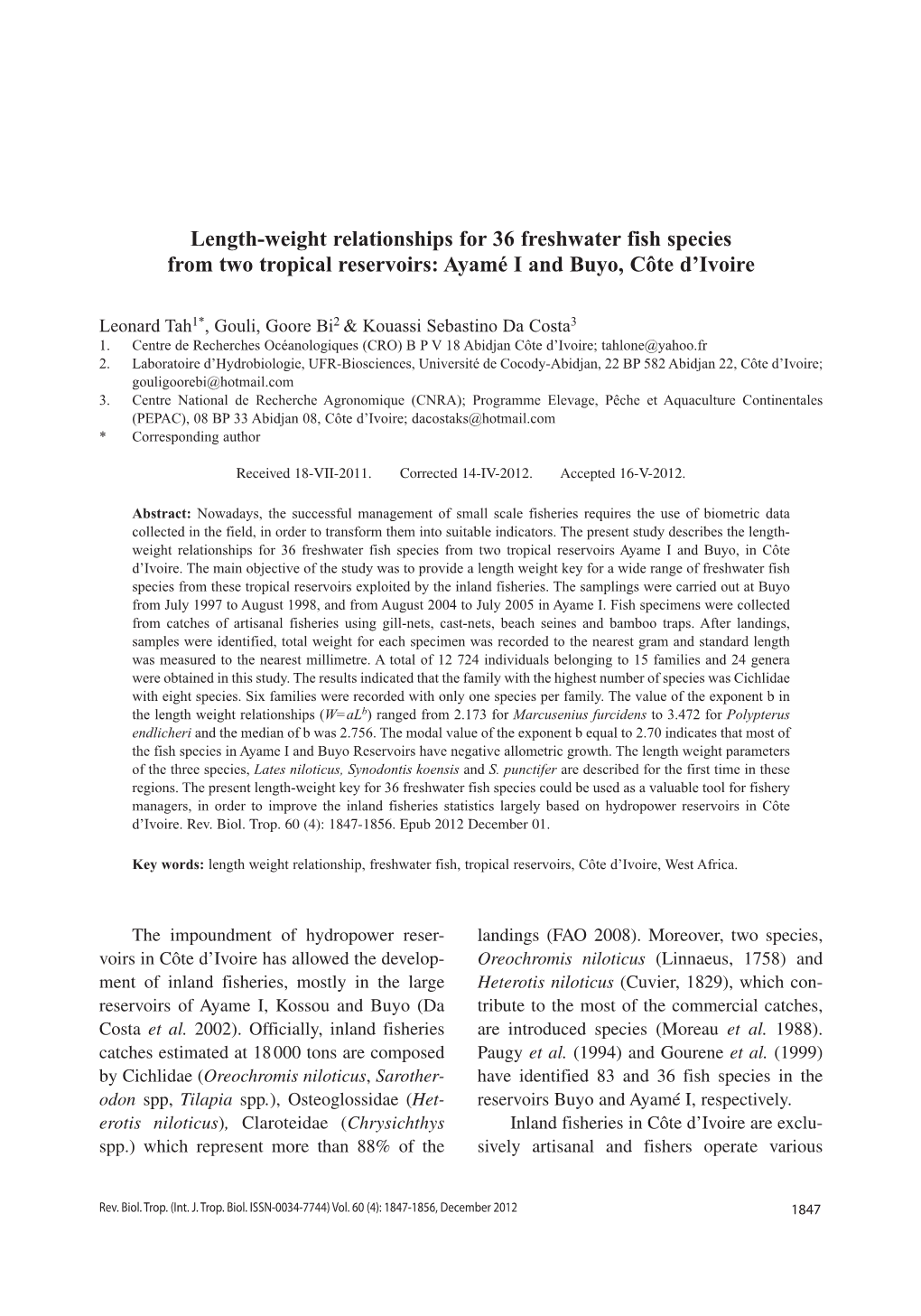 Length-Weight Relationships for 36 Freshwater Fish Species from Two Tropical Reservoirs: Ayamé I and Buyo, Côte D’Ivoire