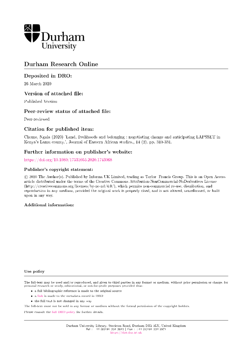 Negotiating Change and Anticipating LAPSSET in Kenya's Lamu County.', Journal of Eastern African Studies., 14 (2)