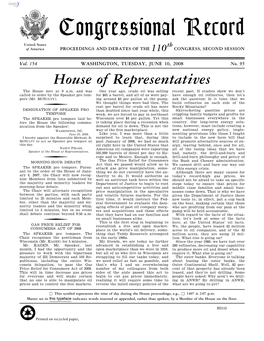 Congressional Record United States Th of America PROCEEDINGS and DEBATES of the 110 CONGRESS, SECOND SESSION