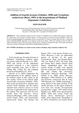 And Cyclophiops Multicinctus (Roux, 1907) to the Herpetofauna of Thailand (Squamata: Colubridae)