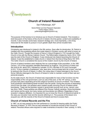 Church of Ireland Research Dan Poffenberger, AG® Senior British and Irish Research Specialist Family History Library Poffenbergerds@Familysearch.Org