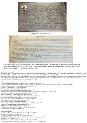 War Memorial at Senate House Report Documenting That the Five