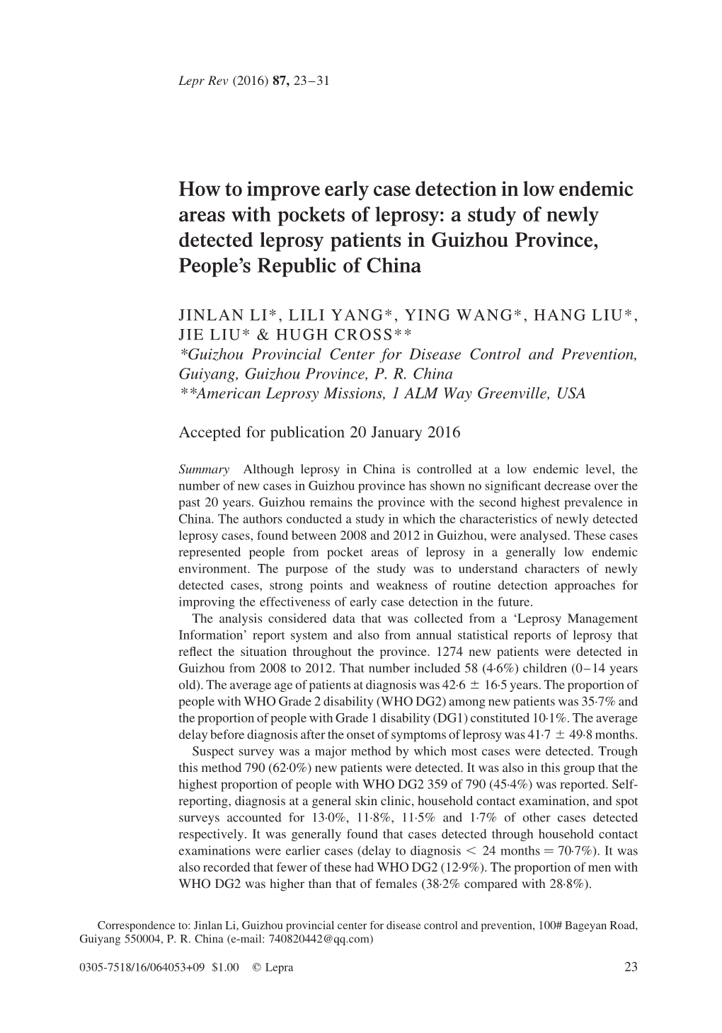 A Study of Newly Detected Leprosy Patients in Guizhou Province, People’S Republic of China