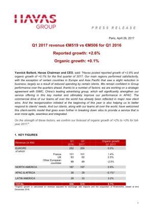 Q1 2017 Revenue €M519 Vs €M506 for Q1 2016 Reported Growth: +2.6% Organic Growth: +0.1%
