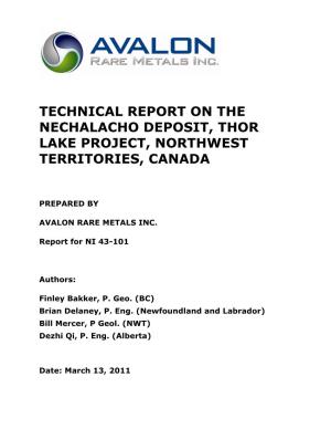 Technical Report on the Nechalacho Deposit, Thor Lake Project, Northwest Territories, Canada