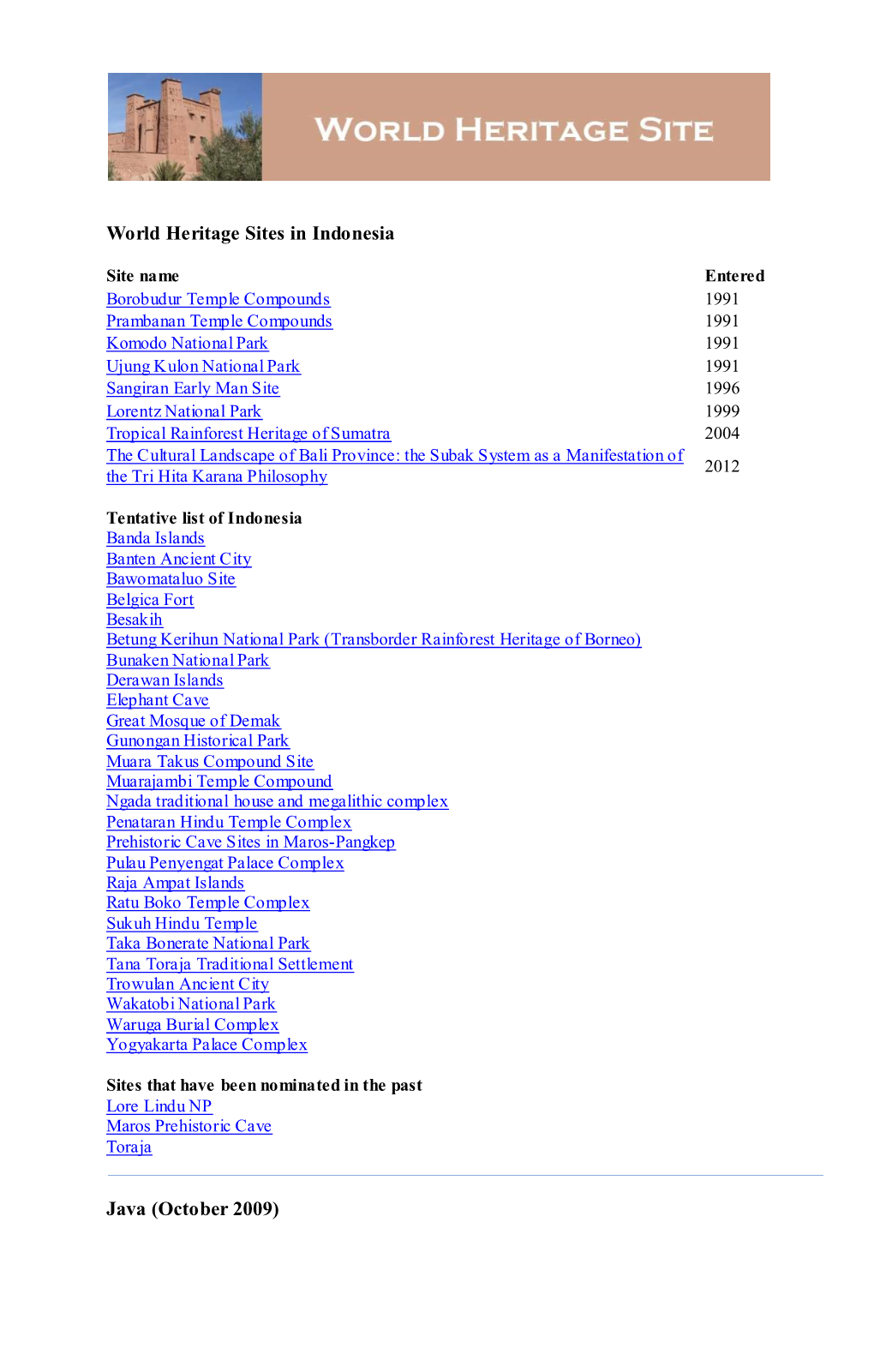 World Heritage Sites in Indonesia Java (October 2009)
