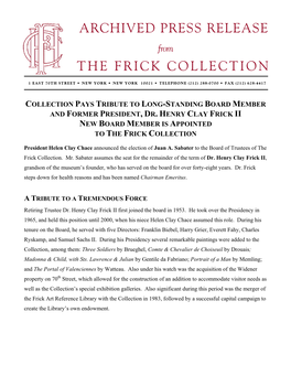 Archived Press Release the Frick Collection