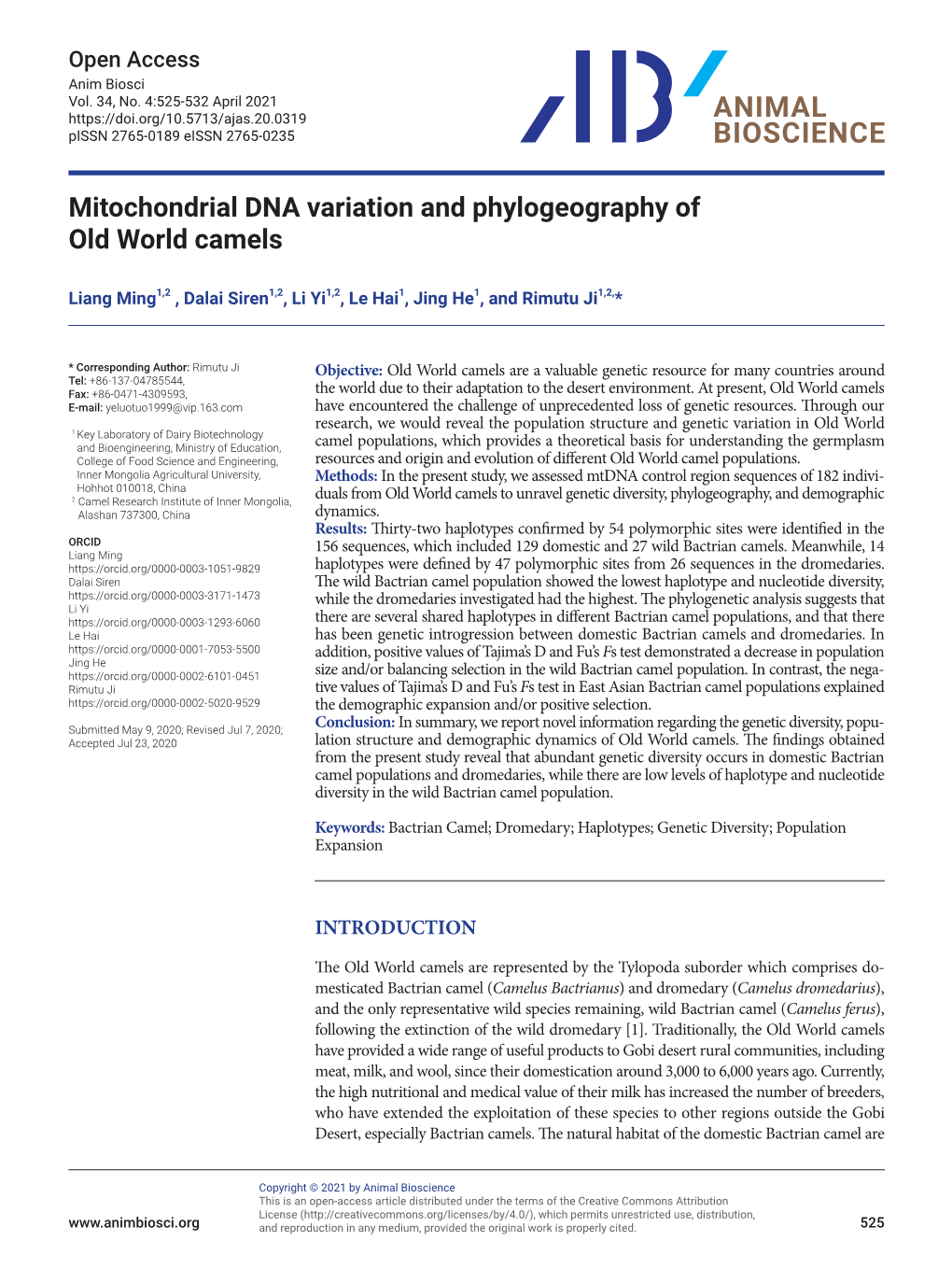 Mitochondrial DNA Variation and Phylogeography of Old World Camels