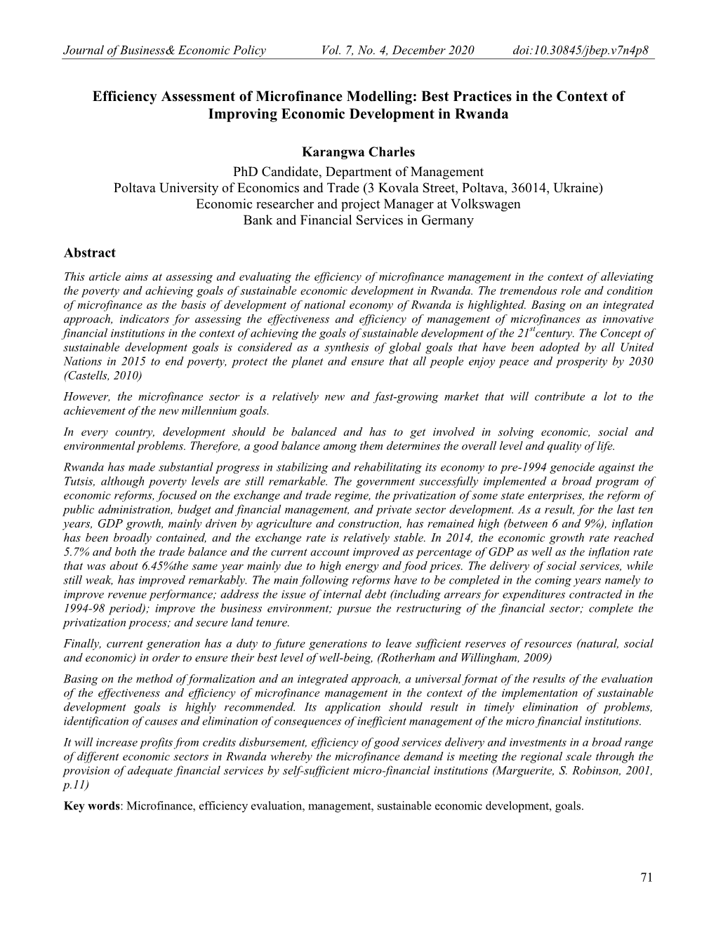 Efficiency Assessment of Microfinance Modelling: Best Practices in the Context of Improving Economic Development in Rwanda