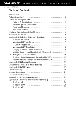 Table of Contents Audiophile USB Owner's Manual