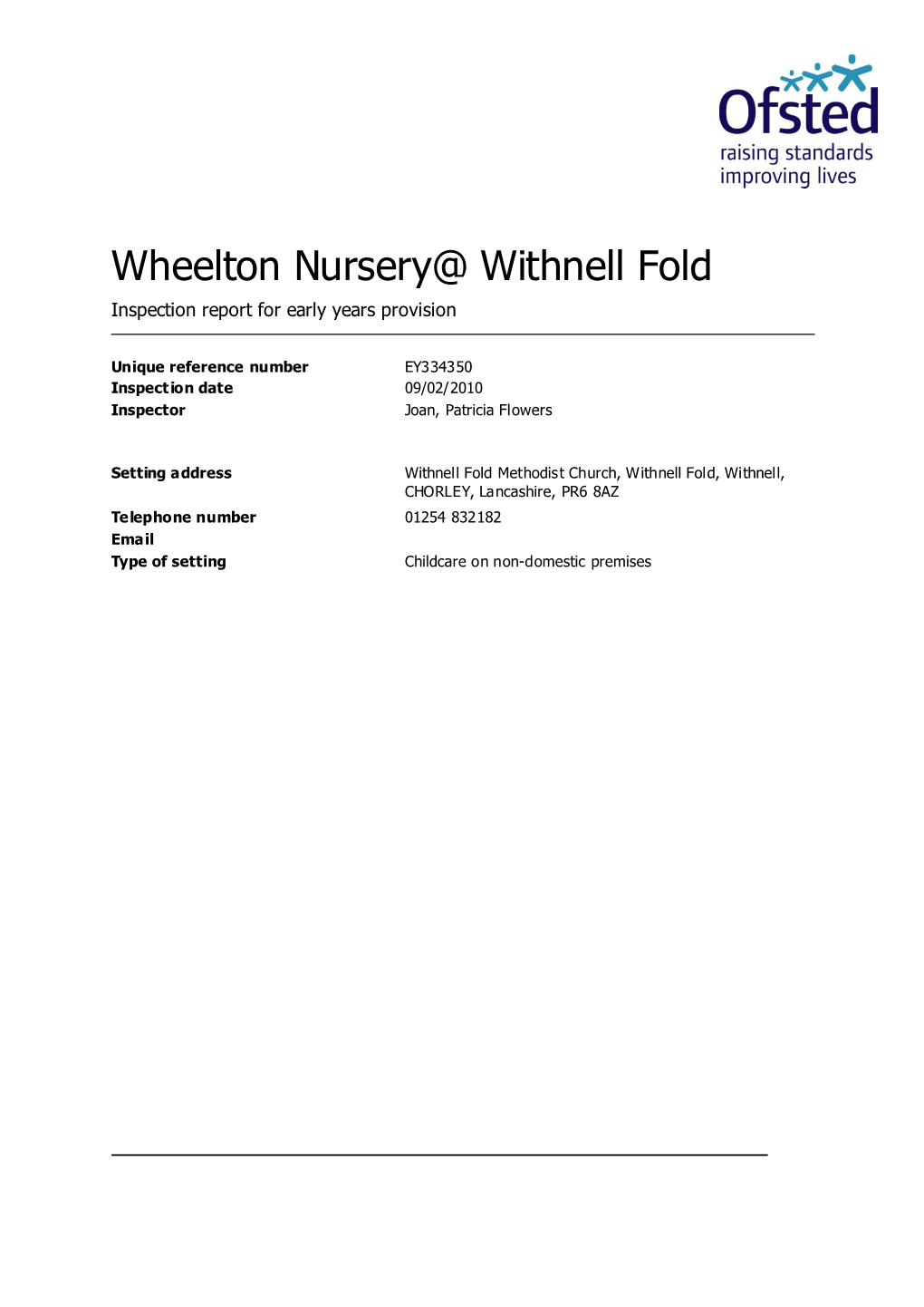 Wheelton Nursery@ Withnell Fold Inspection Report for Early Years Provision