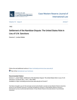 Settlement of the Namibian Dispute: the United States Role in Lieu of U.N