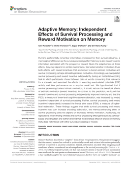 Adaptive Memory: Independent Effects of Survival Processing and Reward Motivation on Memory