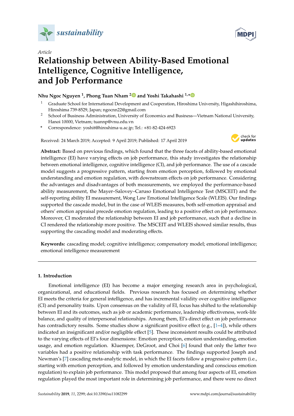 Relationship Between Ability-Based Emotional Intelligence, Cognitive Intelligence, and Job Performance