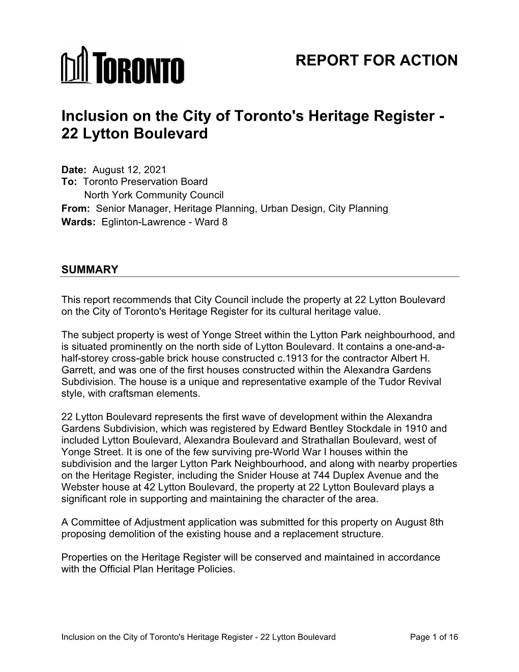 Inclusion on the City of Toronto's Heritage Register - 22 Lytton Boulevard