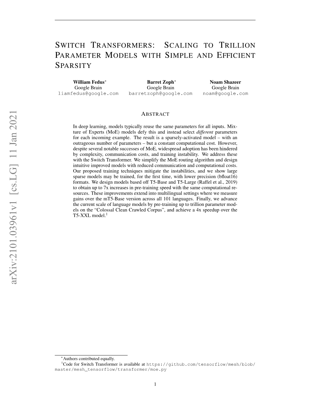 Switch Transformers: Scaling to Trillion Parameter Models With