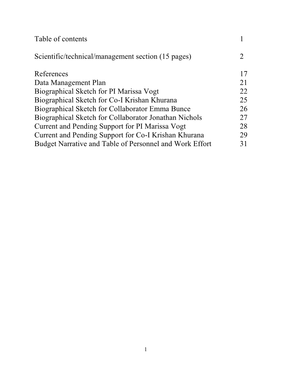 Table of Contents 1 Scientific/Technical/Management