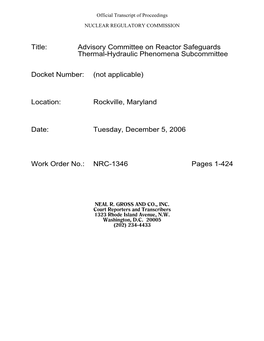 Title: Advisory Committee on Reactor Safeguards Thermal-Hydraulic Phenomena Subcommittee