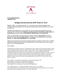 Antigua Announces Its 2018 Team on Tour