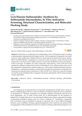 1,2,4-Triazine Sulfonamides: Synthesis by Sulfenamide Intermediates, in Vitro Anticancer Screening, Structural Characterization, and Molecular Docking Study