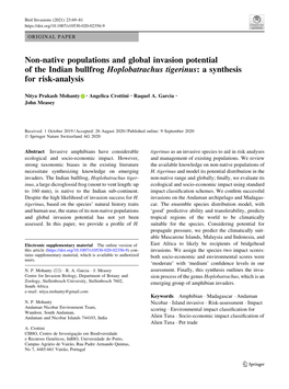 Non-Native Populations and Global Invasion Potential of the Indian Bullfrog Hoplobatrachus Tigerinus: a Synthesis for Risk-Analysis