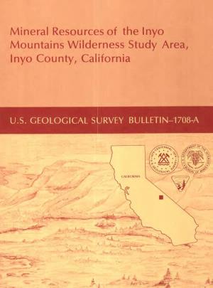 Mineral Resources of the Inyo Mountains Wilderness Study Area, Inyo County, California