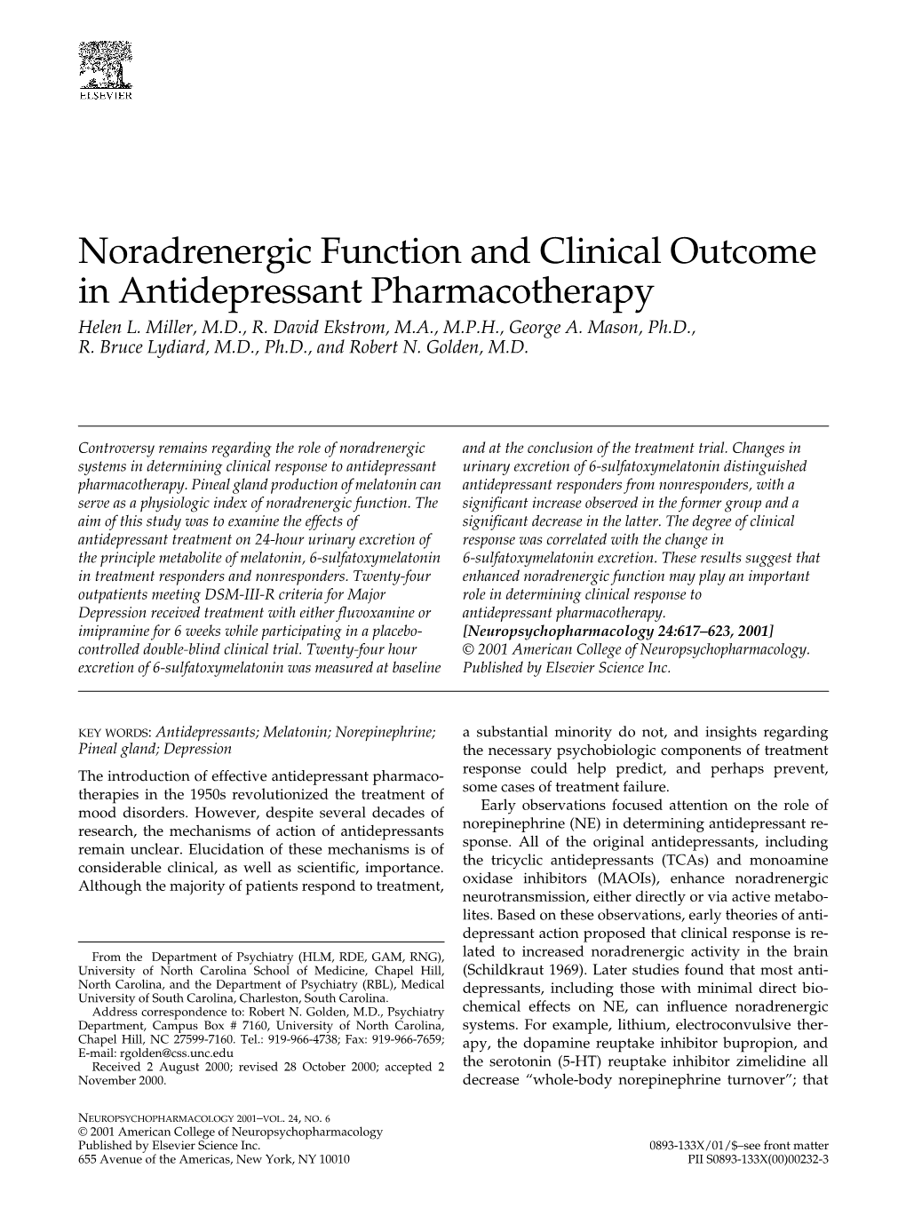 Noradrenergic Function and Clinical Outcome in Antidepressant Pharmacotherapy Helen L