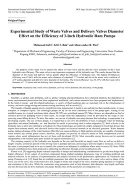 Experimental Study of Waste Valves and Delivery Valves Diameter Effect on the Efficiency of 3-Inch Hydraulic Ram Pumps