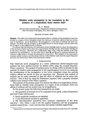 Whistler Mode Propagation in the Ionosphere in the Presence Oi a Longitudinal Static Electric Field*