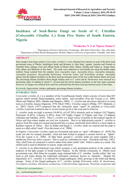 Incidence of Seed–Borne Fungi on Seeds of C. Citrullus (Colocynthis Citrullus L.) from Five States of South Eastern, Nigeria