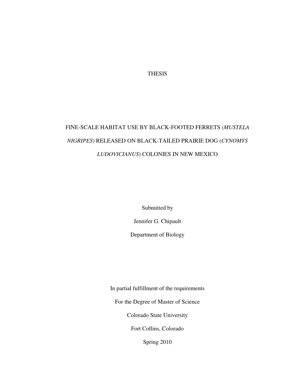 Thesis Fine-Scale Habitat Use by Black-Footed Ferrets