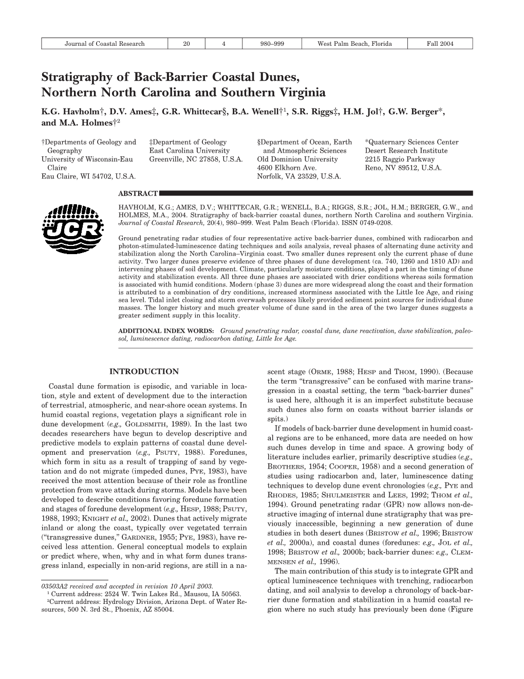 Stratigraphy of Back-Barrier Coastal Dunes, Northern North Carolina and Southern Virginia K.G