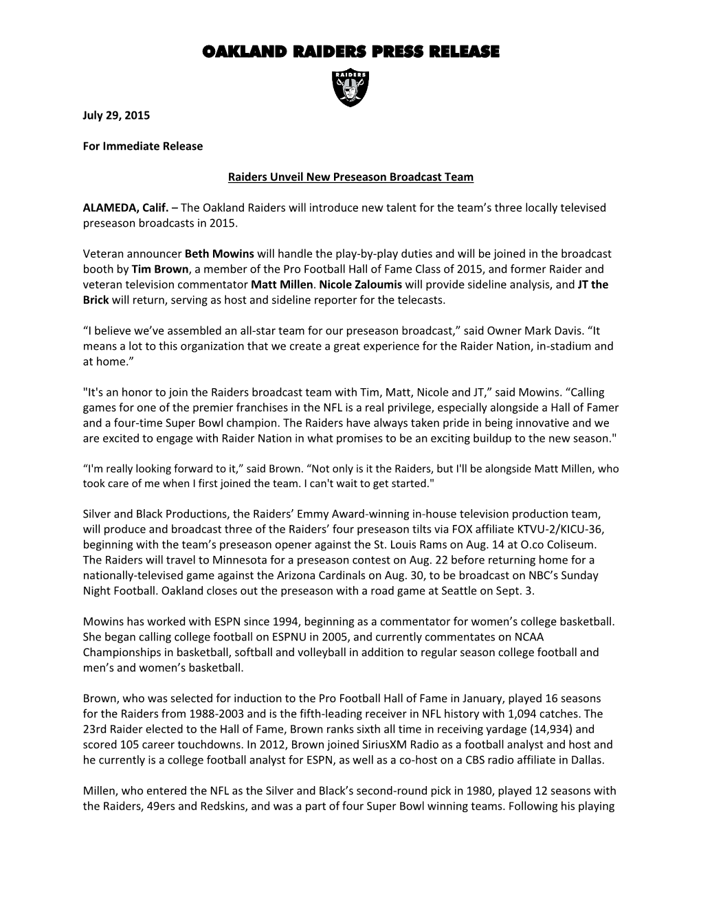 Oakland Raiders Press Release