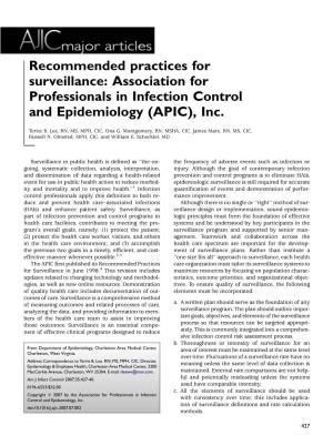 Recommended Practices for Surveillance: Association for Professionals in Infection Control and Epidemiology (APIC), Inc