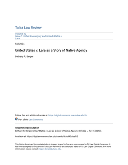 United States V. Lara As a Story of Native Agency
