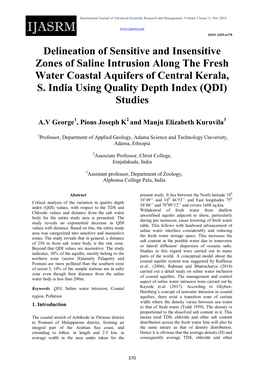 Delineation of Sensitive and Insensitive Zones of Saline Intrusion Along the Fresh Water Coastal Aquifers of Central Kerala, S