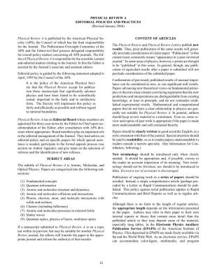 PHYSICAL REVIEW a EDITORIAL POLICIES and PRACTICES (Revised January 2006)