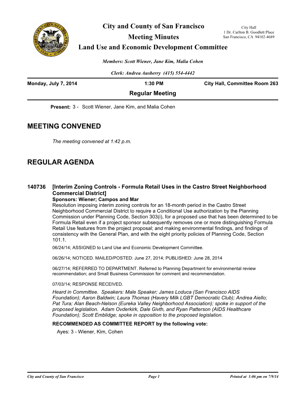 Meeting Minutes San Francisco, CA 94102-4689 Land Use and Economic Development Committee