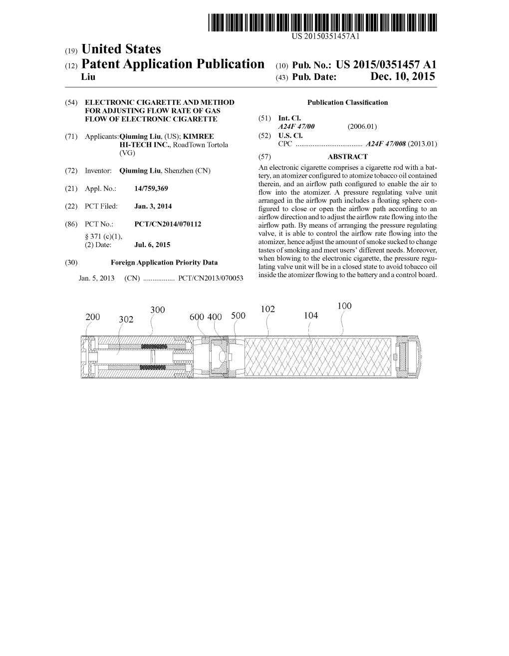 (12) Patent Application Publication (10) Pub. No.: US 2015/0351457 A1 Liu (43) Pub