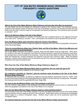 City of San Mateo Minimum Wage Ordinance Frequently Asked Questions