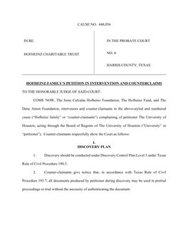 Hofheinz Charitable Trust in the Probate Court No. 4 Harris County, Texas Hofheinz Family's Petiti