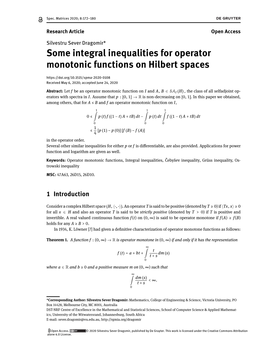 Some Integral Inequalities for Operator Monotonic Functions on Hilbert Spaces Received May 6, 2020; Accepted June 24, 2020